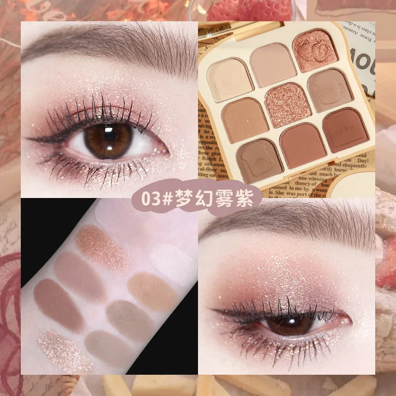 Cute Toast 9colors Pearlescent Eyeshadow Palette Blush Matte Eye Plate Lasting Water Proof Female Cosmetic Makeup Palette Beauty